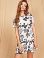 Shein Flower And Butterfly Print Short Sleeve Dress