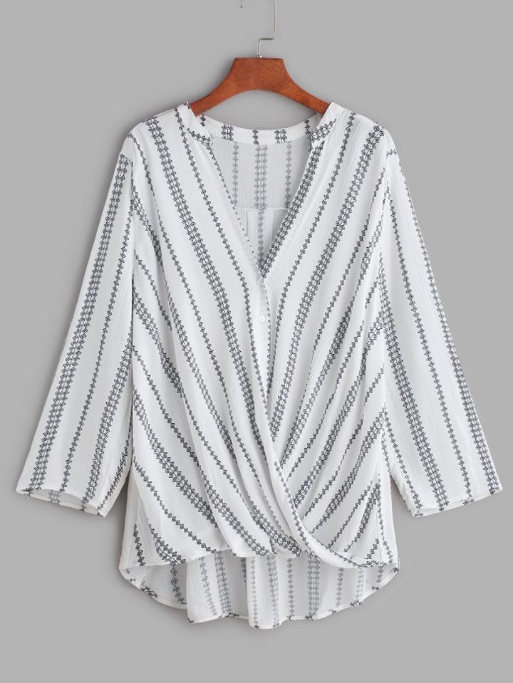 Shein Printed V Neckline Twisted Drape Front Blouse