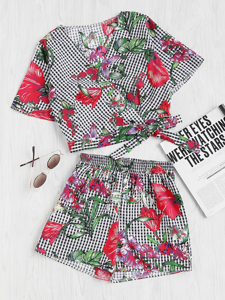 Shein Mixed Print Surplice Wrap Crop Top And Shorts Set