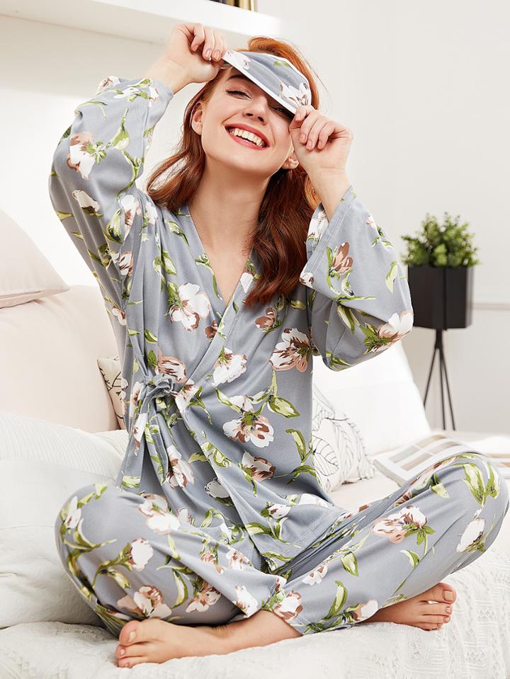 Shein Botanical Print Wrap Top & Pants Pj Set