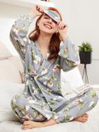 Shein Botanical Print Wrap Top & Pants Pj Set