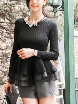 Shein Black Round Neck Ruffle Slim Top