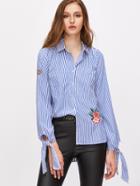 Shein Blue Striped Flower Embroidered Tie Cuff Shirt