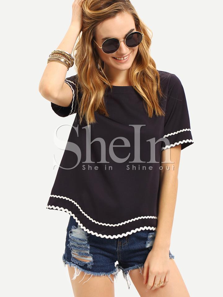 Shein Navy Waved Print Trim Short Sleeve Blouse