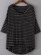 Shein Black V Neck Dip Hem Pocket Stripe T-shirt