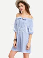 Shein Blue Off The Shoulder Striped Bow Dress