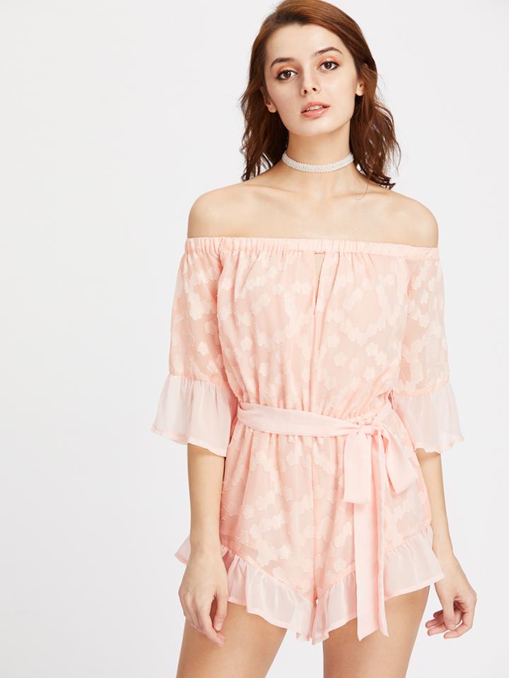 Shein Keyhole Bardot Neck Flower Applique Ruffle Playsuit