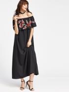 Shein Black Rose Patch Ruffle Off The Shoulder Dress