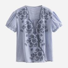 Shein Scallop Trim Embroidery Striped Blouse