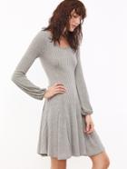 Shein Grey Ribbed Knit Scoop Neck Lantern Sleeve Swing Dress