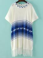 Shein White Striped Elbow Sleeve Fringe Poncho Sweater