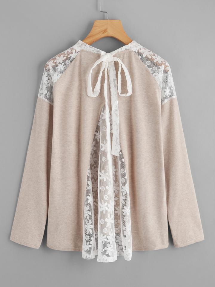 Shein Lace Panel Self Tie Back Tee