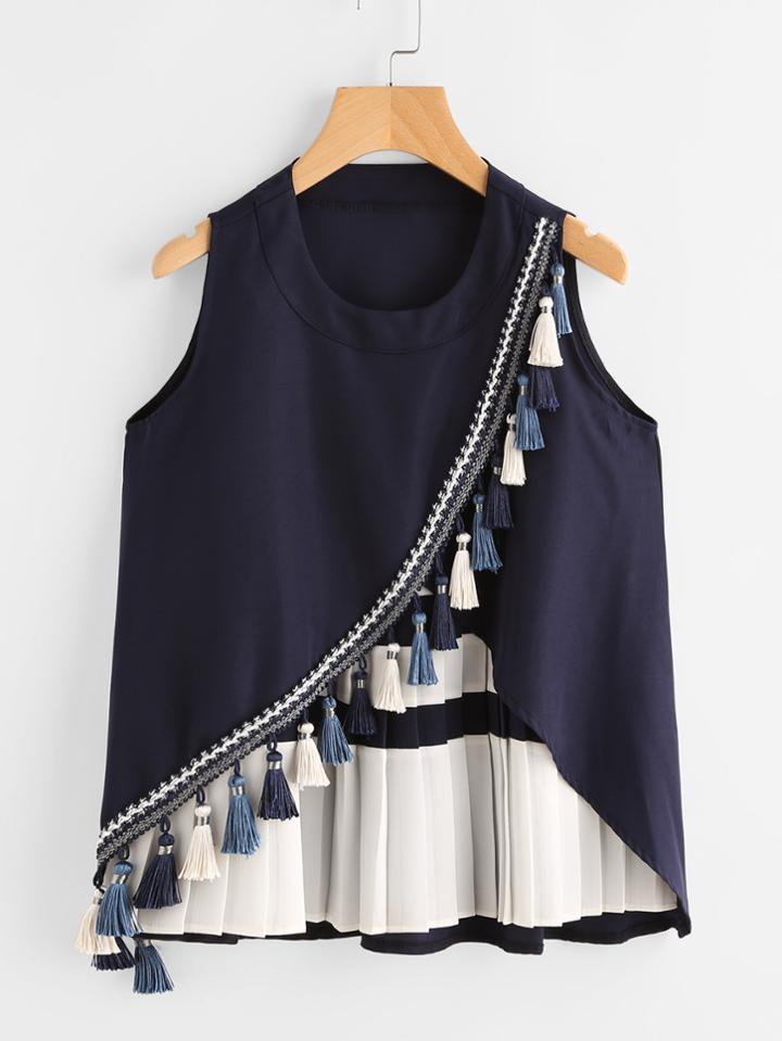Shein Contrast Panel Tassel Trim Overlap Tank Top