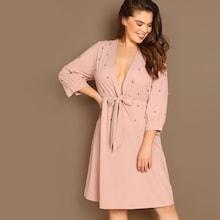 Shein Plus Plunging Neck Beaded Detail Knot Dress