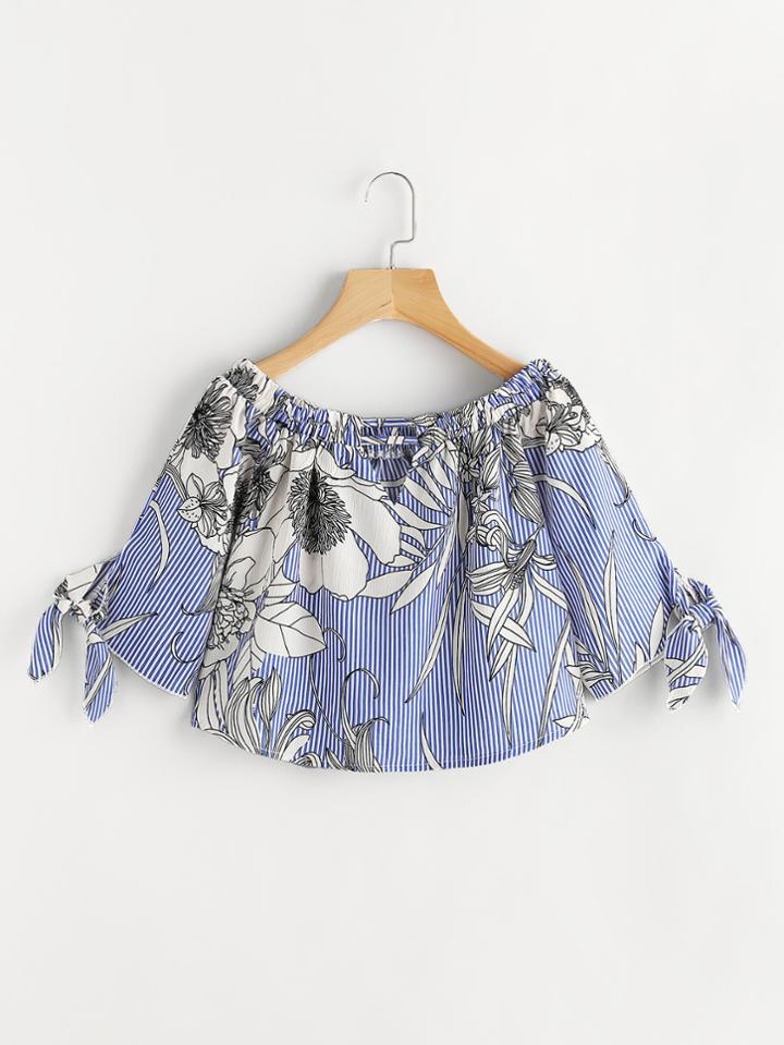 Shein V Cut Tie Cuff Random Florals Bardot Top