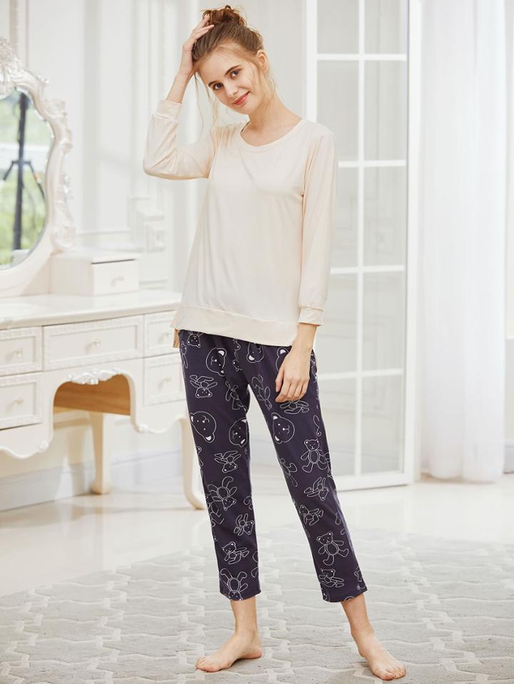 Shein Slit Side High Low Sweatshirt And Pants Pajama Set