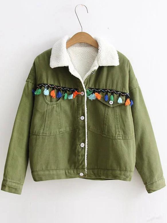 Shein Army Green Tassel Detail Faux Shearling Coat