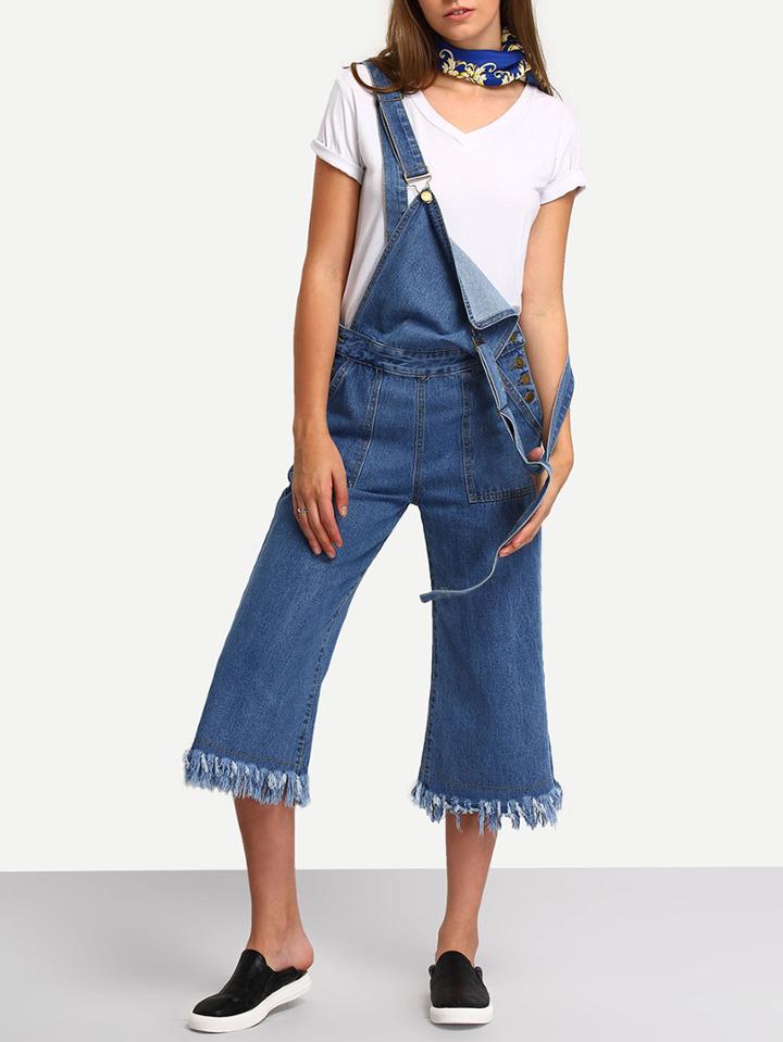 Shein Straps Frayed Denim Suspender Jumpsuit