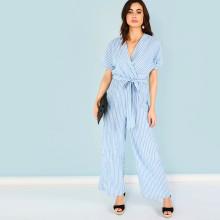 Shein Surplice Neck Self Belted Striped Jumpsuit