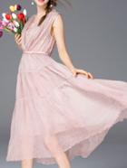 Shein Pink V Neck Pleated Midi Lace Dress