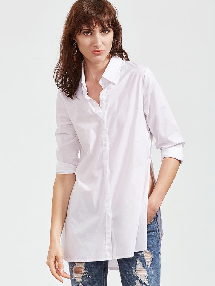 Shein White Slit Side High Low Curved Hem Shirt