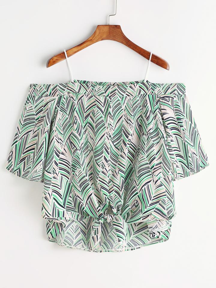 Shein Cold Shoulder Printed Knotted Front Top