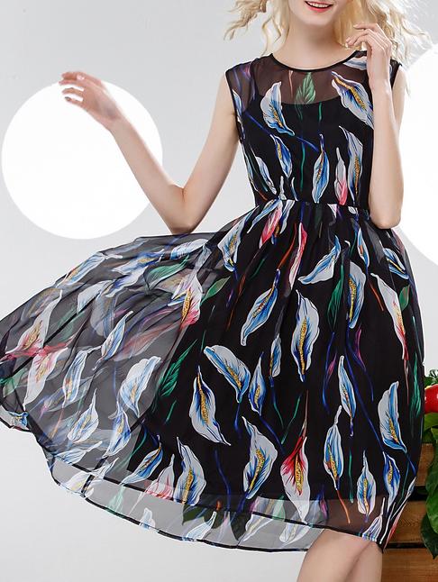 Shein Black Sheer Feather Print High Low Dress