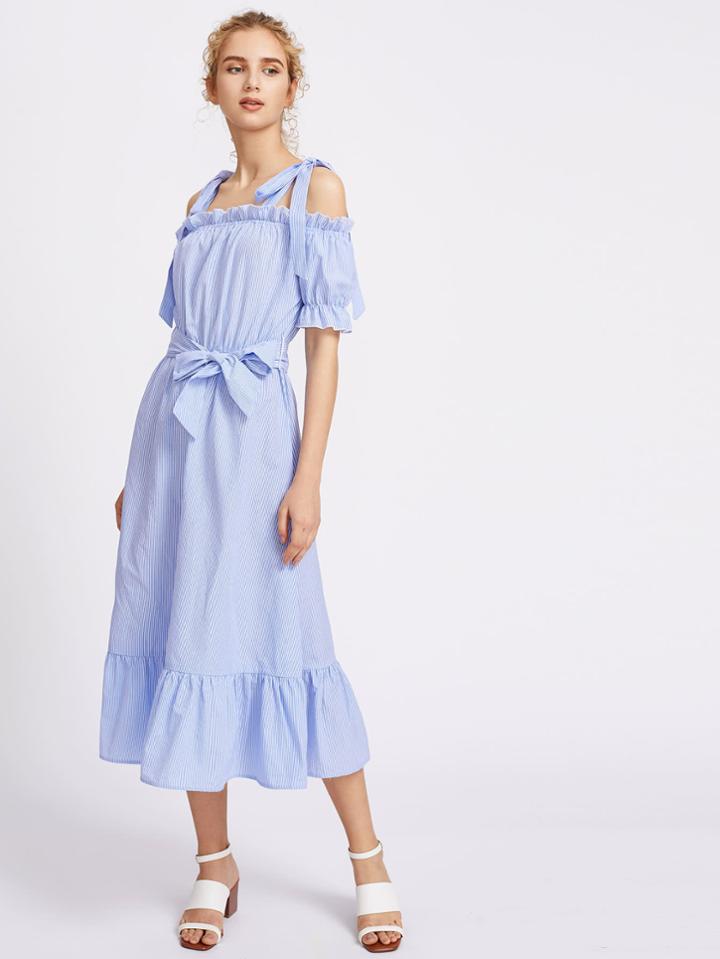 Shein Bow Tie Shoulder Frilled Self Belt Pinstripe Dress