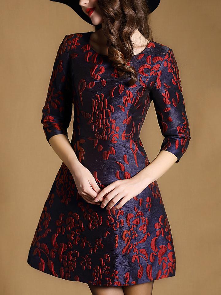 Shein Navy Round Neck Length Sleeve Jacquard Pockets Dress