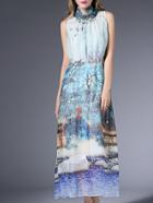 Shein Blue Sleeveless Tribal Print Beading Drawstring Maxi Dress