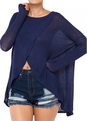 Rosewe Navy Blue Asymmetric Hem Design T Shirt