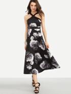 Shein Black Flower Print Fit And Flare Dress
