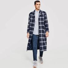 Shein Men Button & Pocket Up Notched Neck Plaid Coat