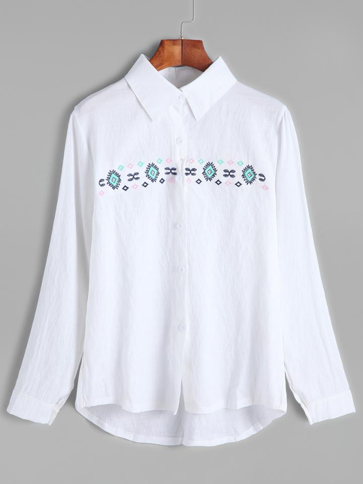 Shein White Embroidered High Low Shirt