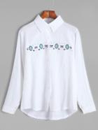 Shein White Embroidered High Low Shirt