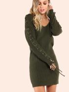 Shein Laced Sleeve V Sweater Dress Olive