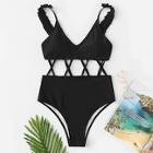Shein Cut-out Criss Cross Frill Trim One Piece Swimwear