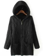 Shein Women Black Pocket Zipper Hooded Coat