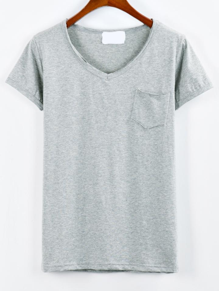 Shein Plain V-neck Pocket T-shirt - Grey