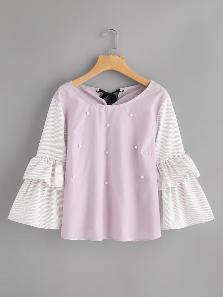 Shein Pinstriped Frill Sleeve Tie Back Pearl Beading Blouse