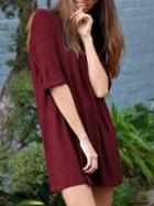 Shein Wine Red Cheesecloth Round Neck Straight Loose Dress