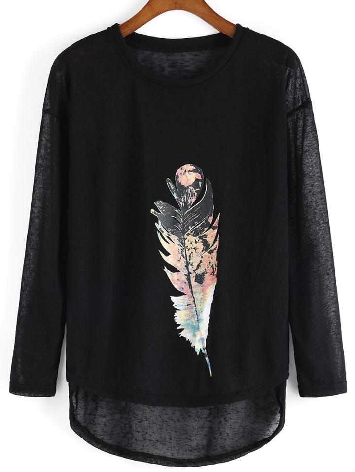 Shein Black Long Sleeve Feather Print Punk Comfortable Halloween Eve Sexey Loose T-shirt
