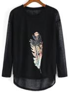 Shein Black Long Sleeve Feather Print Punk Comfortable Halloween Eve Sexey Loose T-shirt