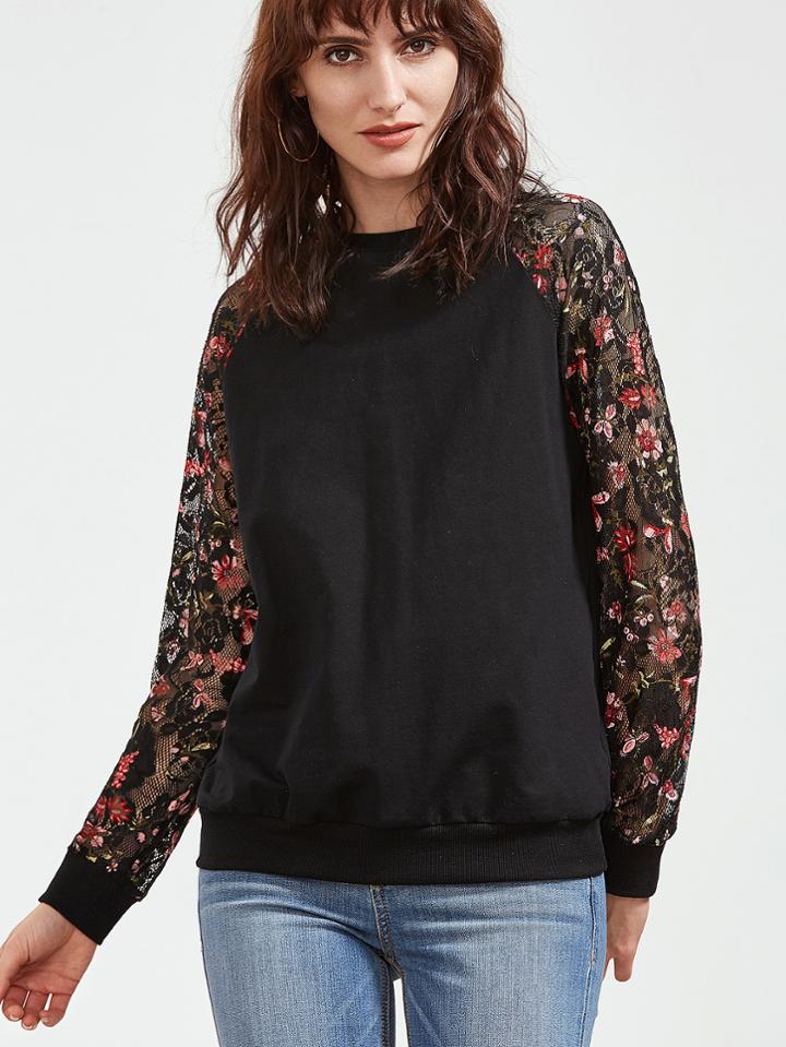 Shein Two Tone Floral Lace Sleeve Sweatshirt