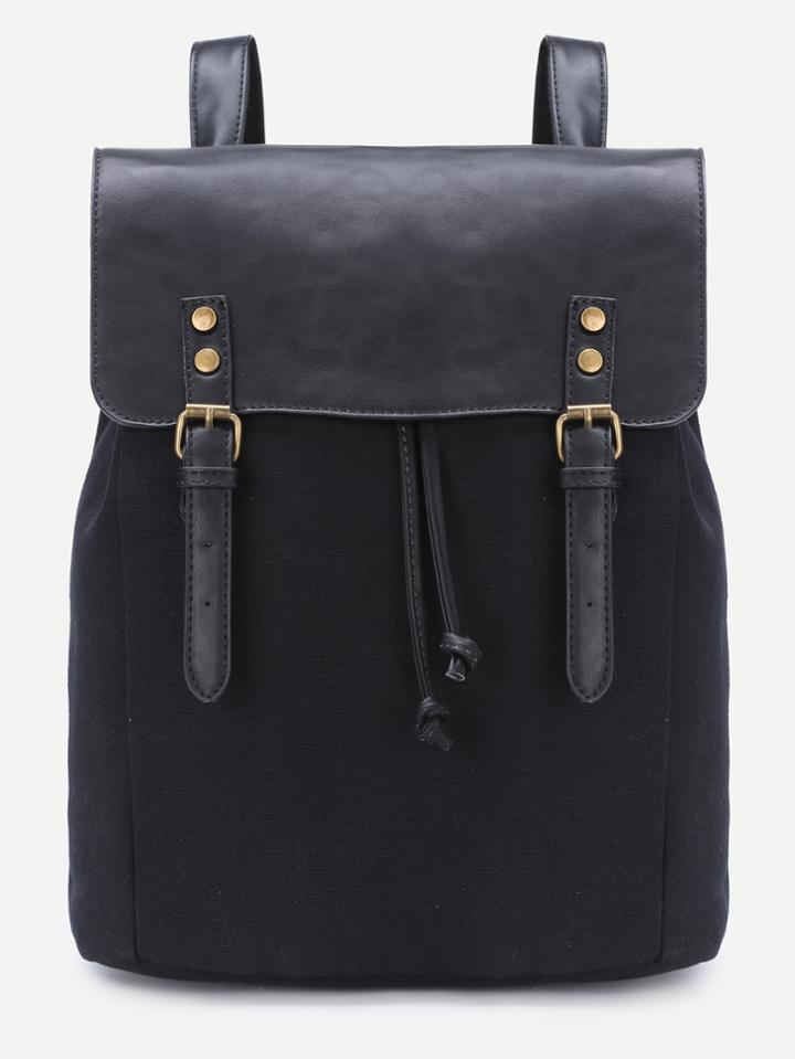 Shein Black Drawstring Dual Buckle Canvas Backpack