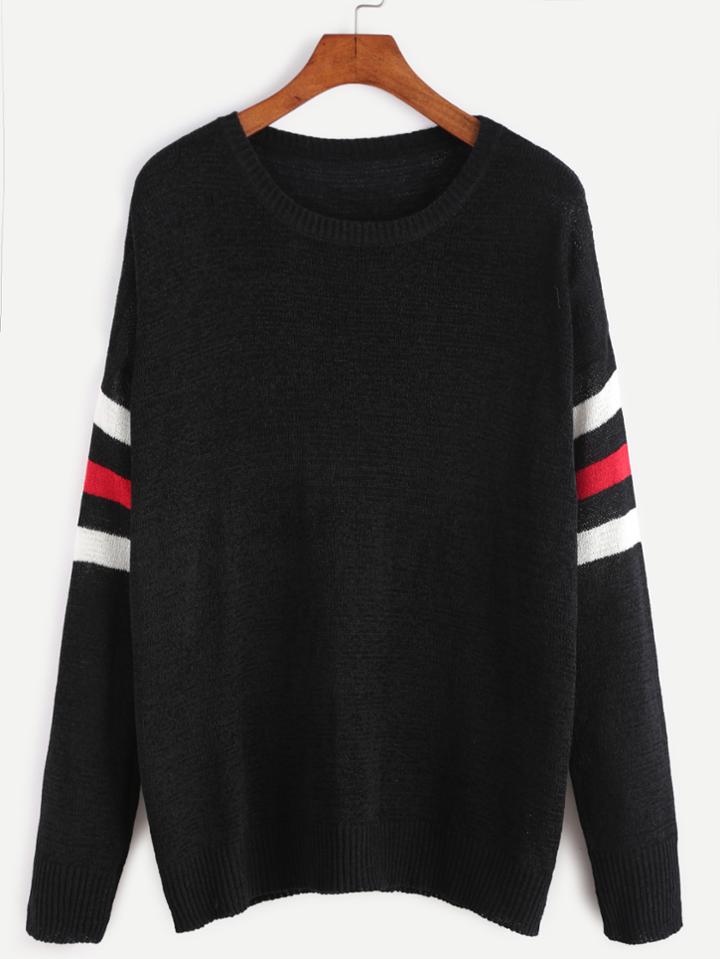 Shein Black Striped Sleeve Pullover Sweater