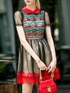 Shein Black Lapel Short Sleeve Contrast Gauze Embroidered Dress