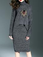 Shein Grey Beading Knit Top With Skirt