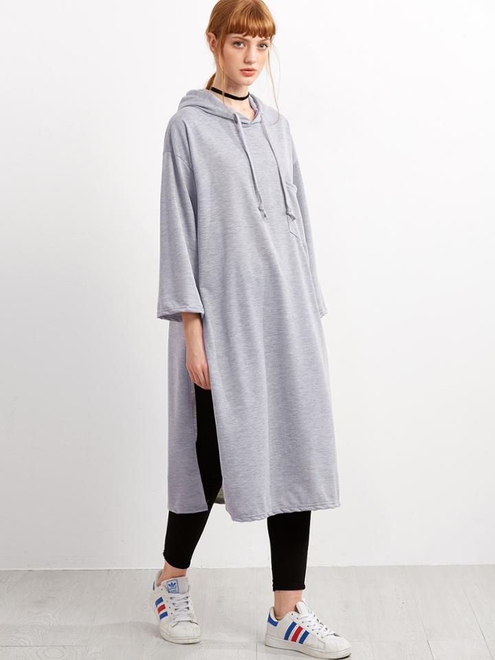 Shein Grey Slit Side Hooded Long Sweatshirt