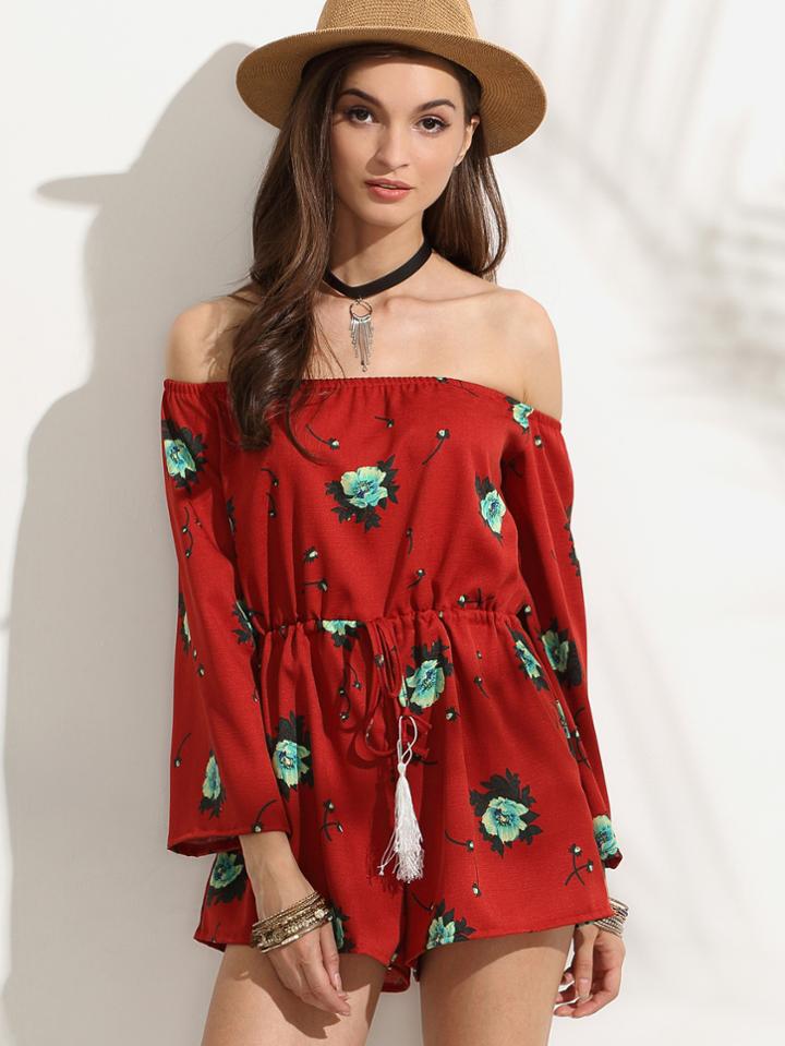 Shein Brick Red Flower Print Off The Shoulder Romper